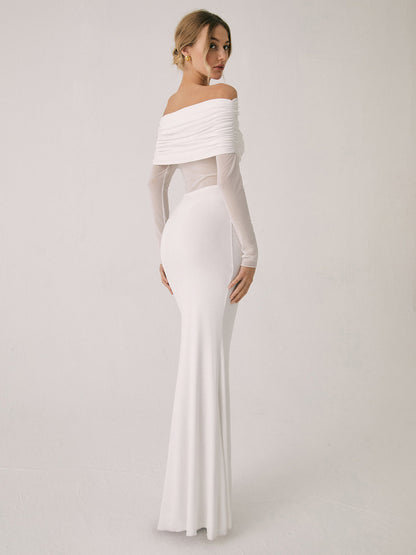 Overfold Off-Shoulder Mesh Long Sleeve Long Dress